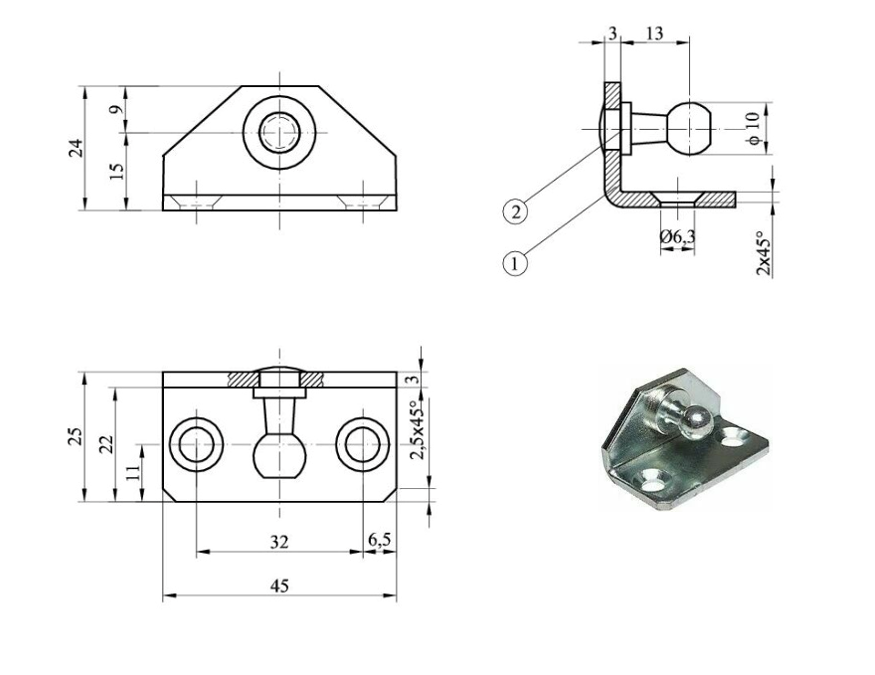 L - Shaped Mounting Plate with Ball Head 8/10mm for Gas Spring Gas Strut Gas Pressure Damper