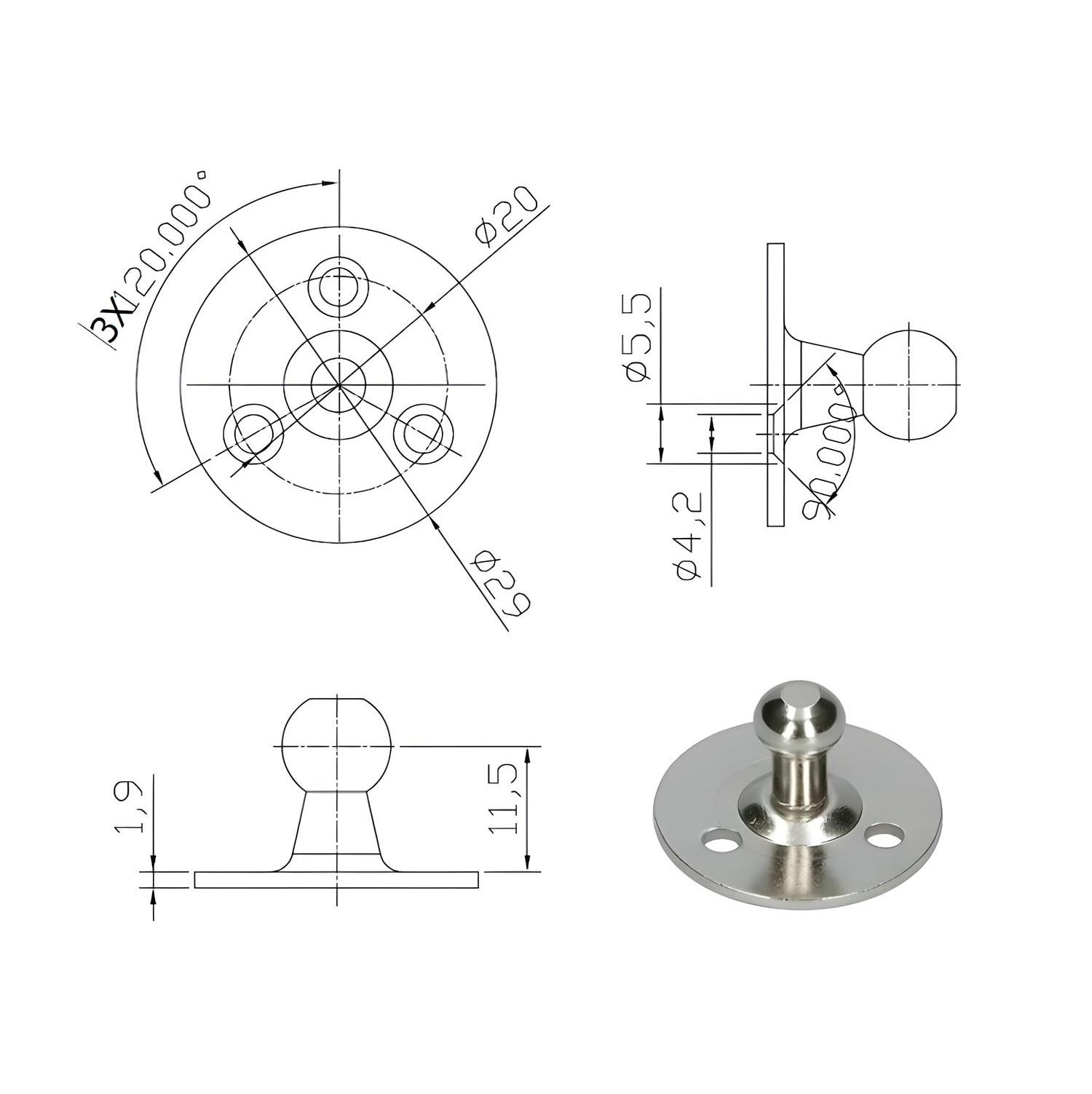 Side Holder for Gas Spring Fittings with Ball Head Mounting Plate