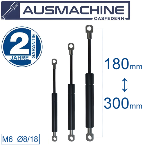 From 180mm ∼ Up to 300mm Length Gas Spring Gas Strut M6 Gas Pressure Damper with eyelets.