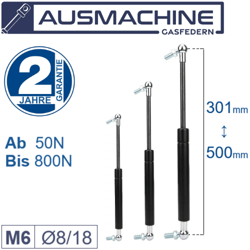 Gas pressure spring from 301mm Up to 500mm Length M6 with ball joint
