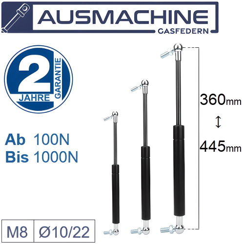 From 360mm ∼ to 445mm Gas spring M8 or gas pressure damper with ball joint