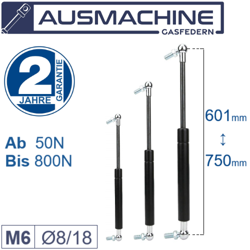 Gas pressure damper  M6 with ball joint from 601mm ∼ Up to 750mm Length