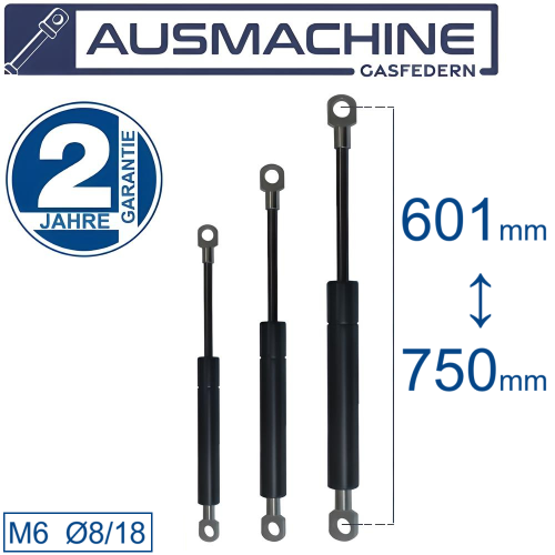 From 601mm ∼ Up to 750mm Length Gas pressure spring M6 Gas strut  Gas Pressure Damper with eyelets