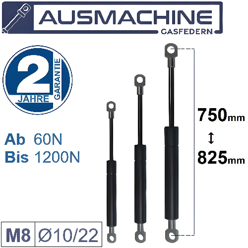 From 750mm ∼ Up to 825mm Length Gas spring Gas strut M8 Gas pressure damper with eyelets