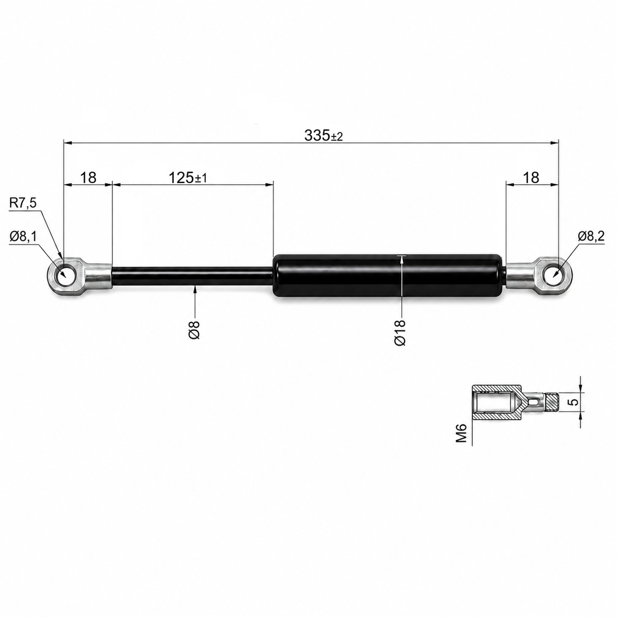From 301mm ∼ Up to 500mm Length Gas Spring M6 Gas Strut Gas Pressure Damper with Eyelets
