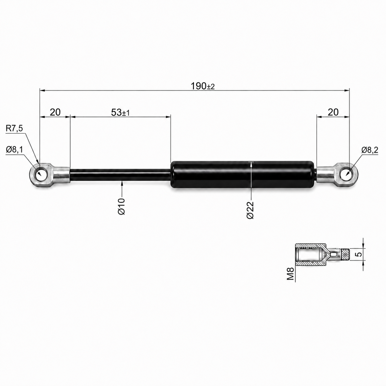 From 190mm ∼ Up to 325mm Length Gas Spring M8 Gas Strut Gas Pressure Damper with Eyelets