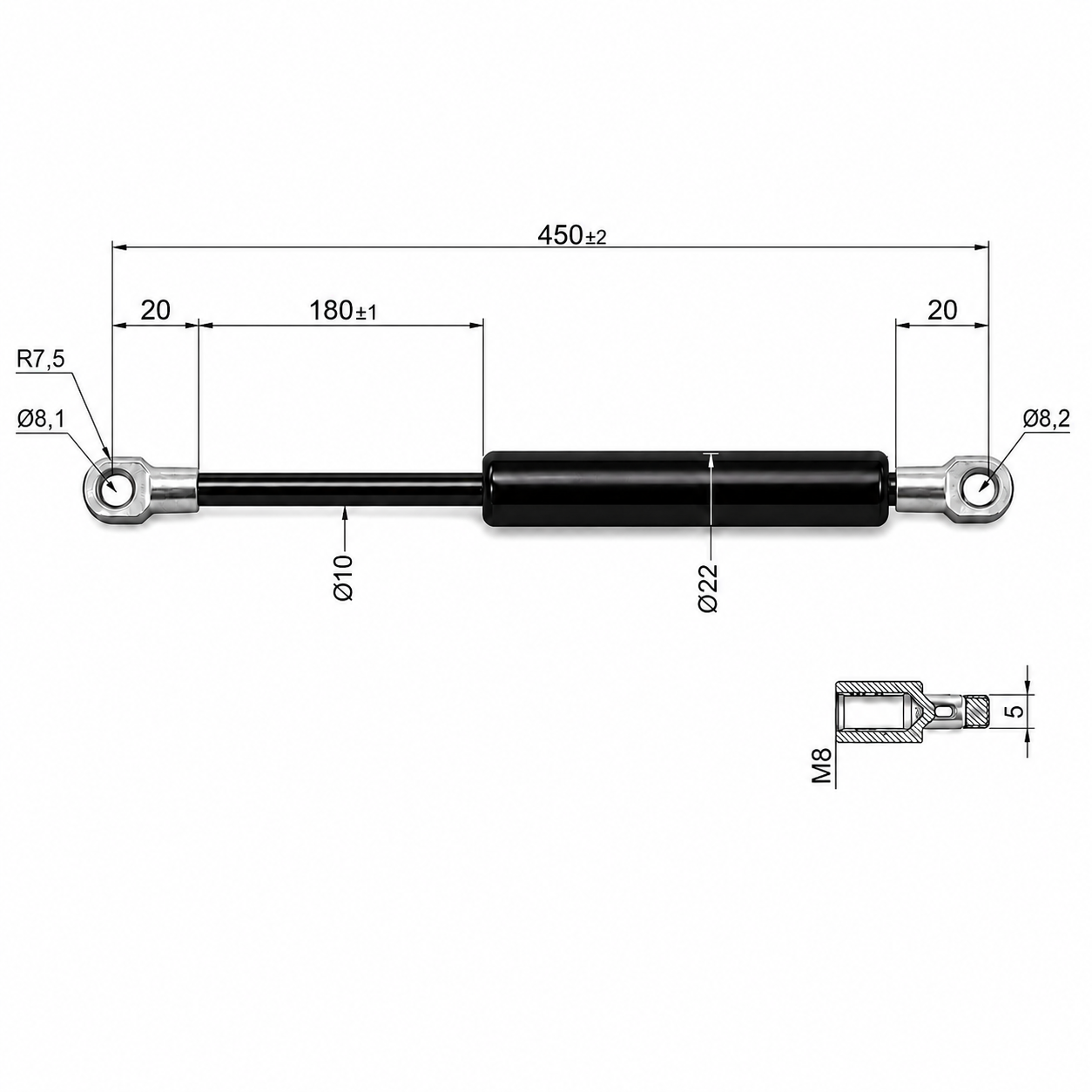 From 450mm ∼ Up to 525mm Length Gas Spring M8 Gas Strut Gas Pressure Damper with Eyelets