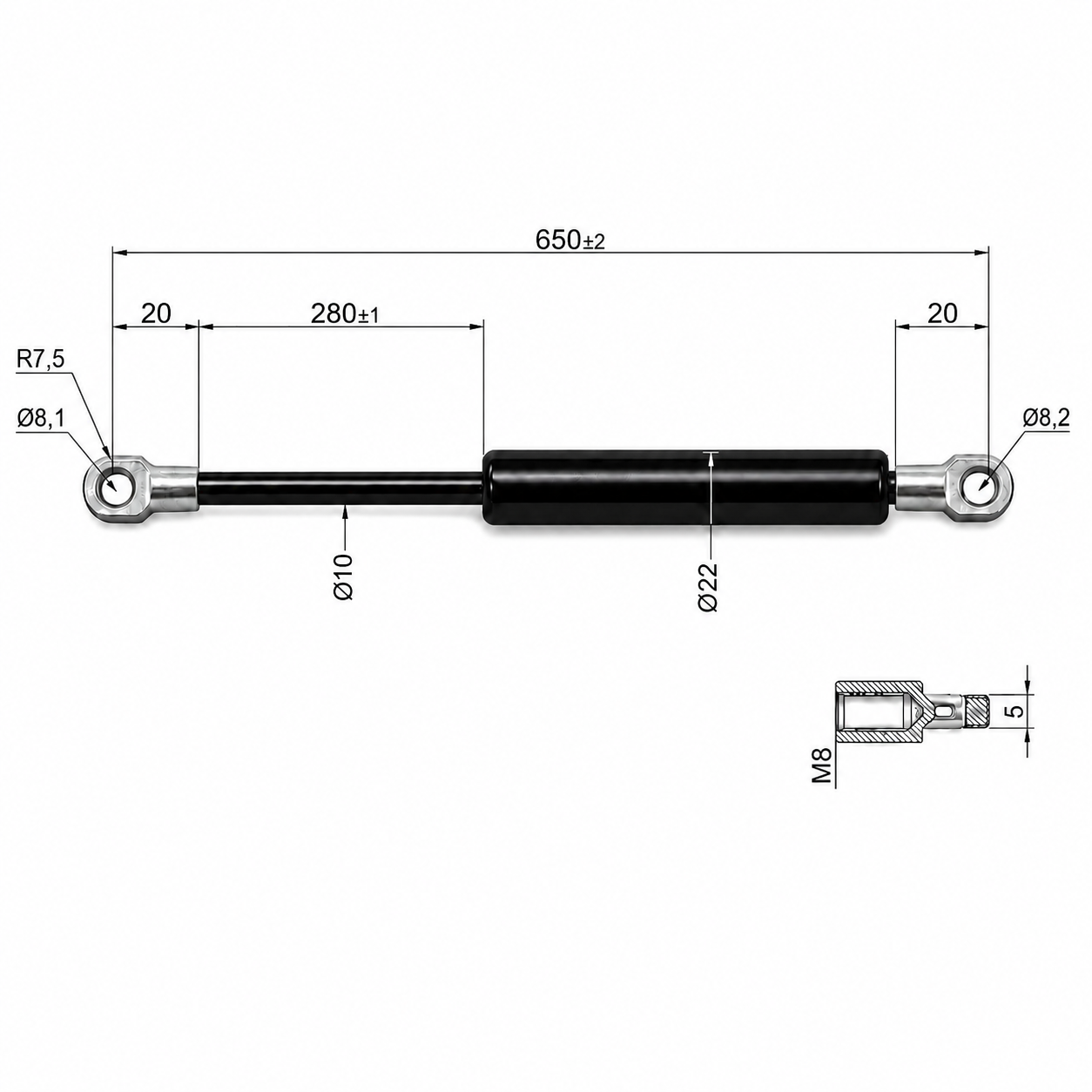 From 650mm ∼ Up to 725mm Length Gas Spring M8 Gas Strut Gas Pressure Damper with Eyelets
