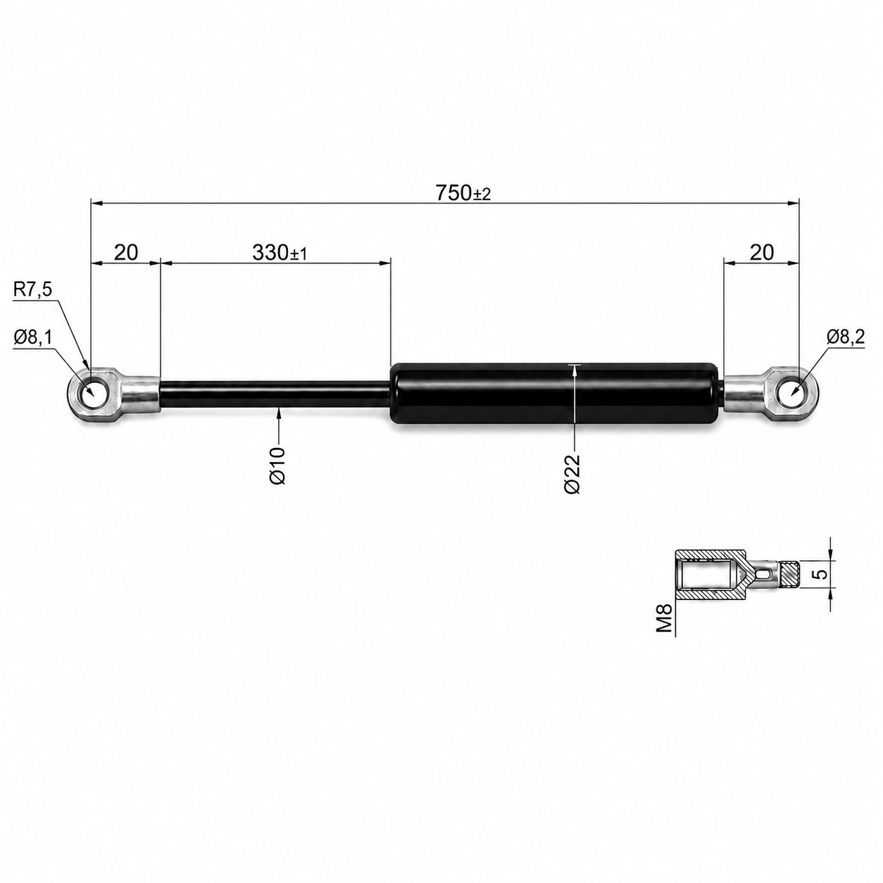 From 750mm ∼ Up to 825mm Length Gas Spring M8 Gas Strut Gas Pressure Damper with Eyelets