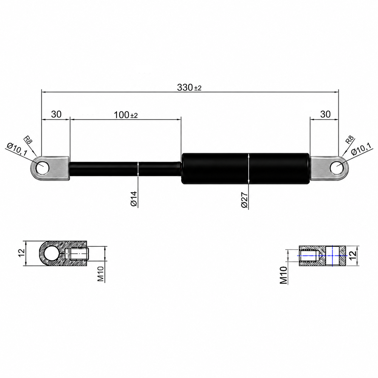 From 330mm ∼ Up to 1185mm Length Gas Spring M10 Gas Strut Gas Pressure Damper