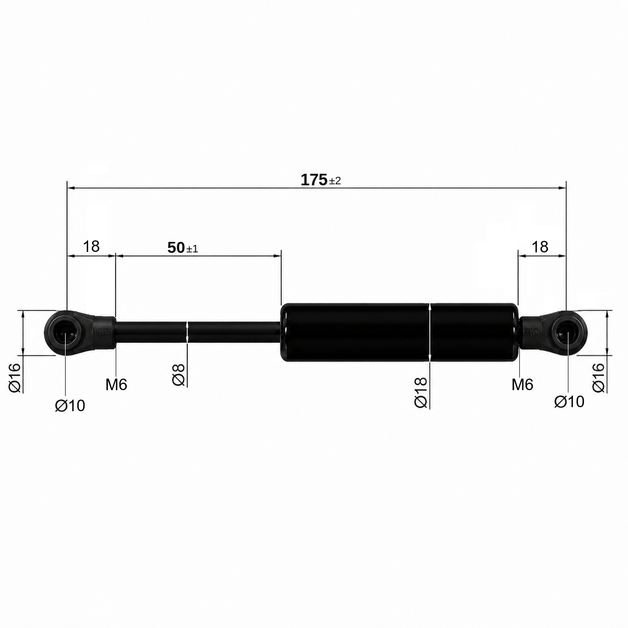 From 175mm ∼ Up to 299mm Length Gas Spring M6 Gas Strut Gas Pressure Damper with Ball Socket