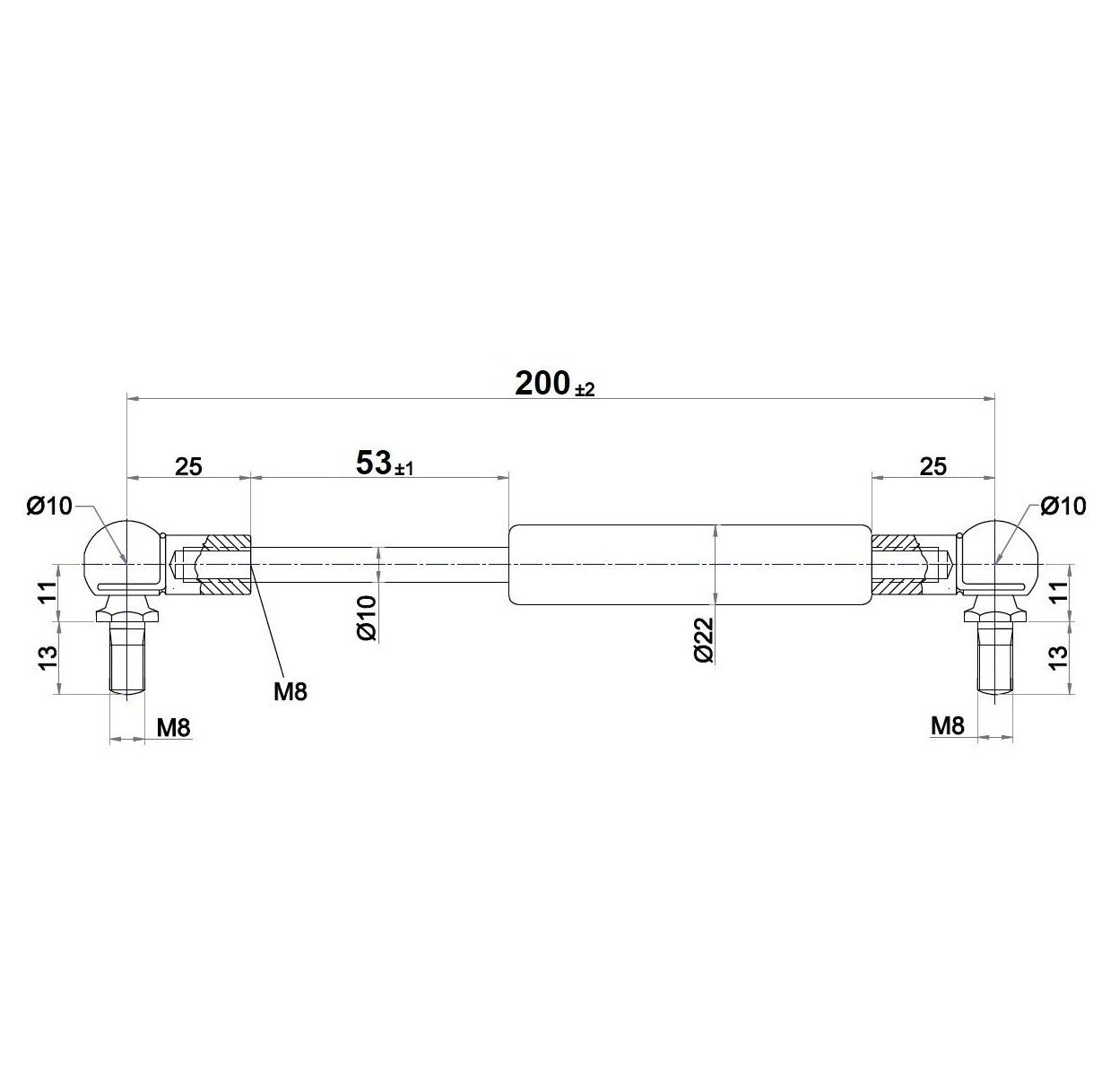 From 200mm ∼ Up to 349mm Length Gas Spring M8 Gas Strut Gas Pressure Damper with Ball Joint
