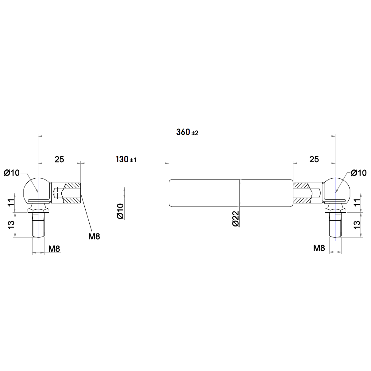 From 350mm ∼ Up to 449mm Length Gas Spring M8 Gas Strut Gas Pressure Damper with Ball Joint