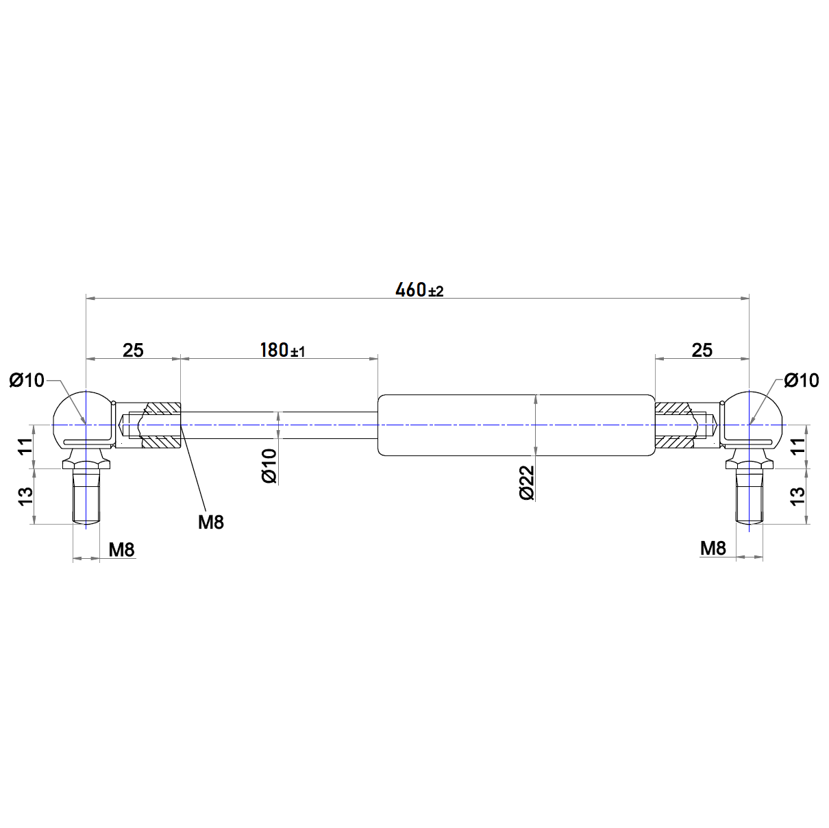 From 450mm ∼ Up to 549mm Length Gas Spring M8 Gas Strut Gas Pressure Damper with Ball Joint