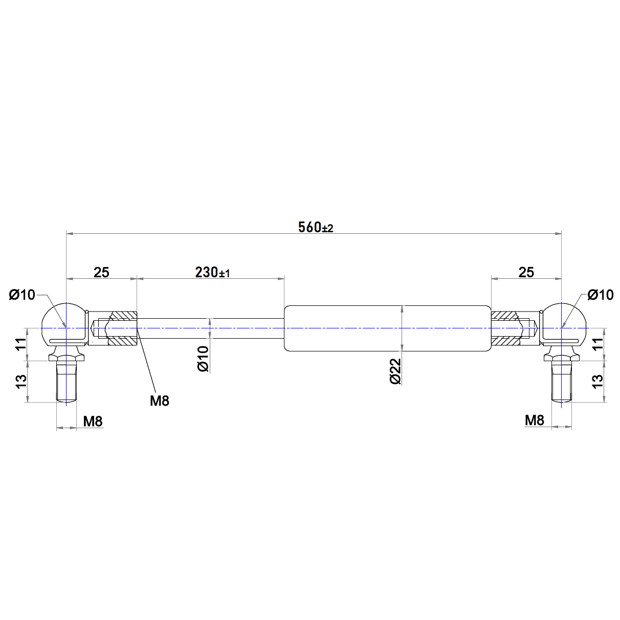 From 550mm ∼ Up to 649mm Length Gas Spring M8 Gas Strut Gas Pressure Damper with Ball Joint