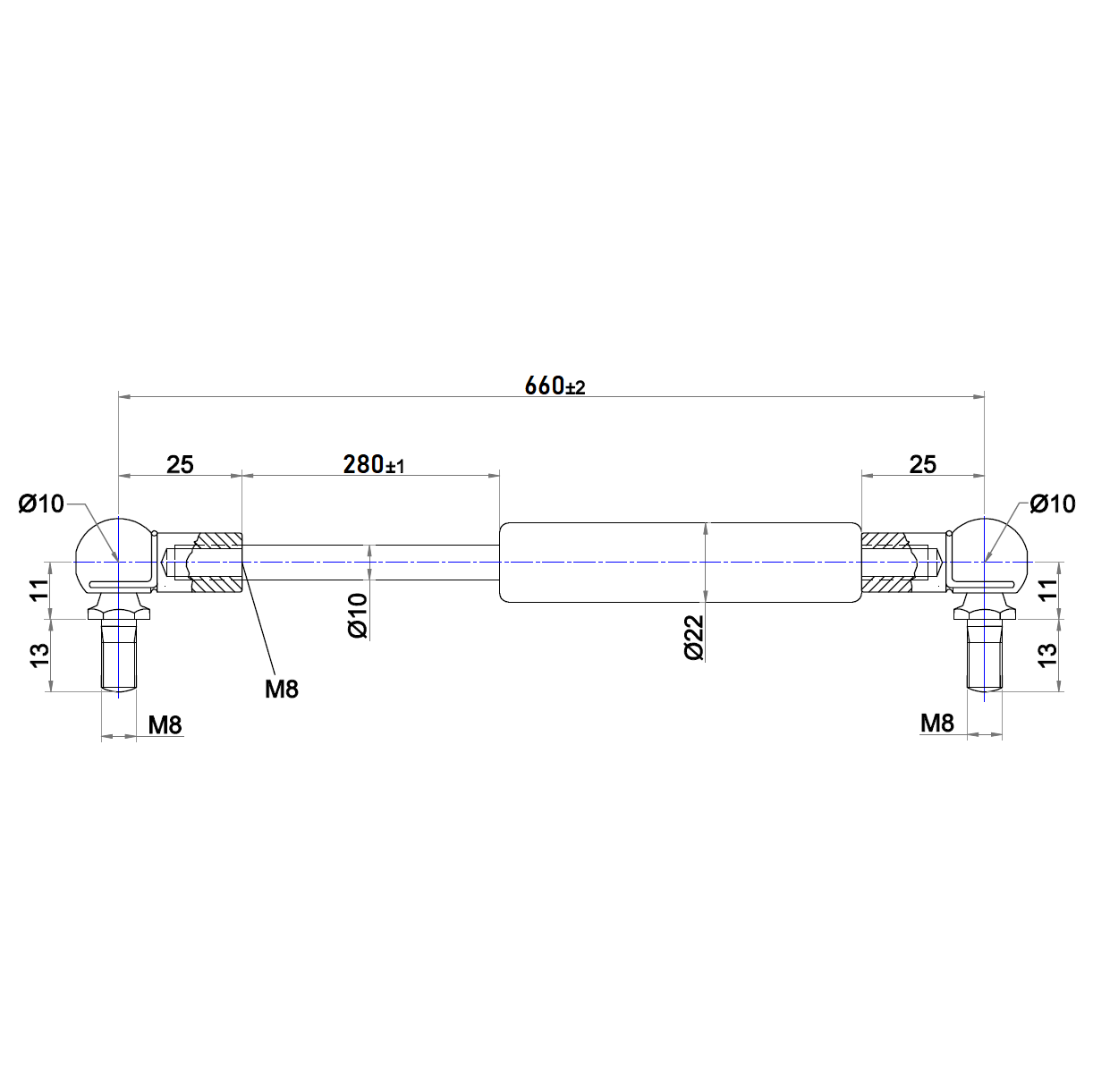 From 650mm ∼ Up to 749mm Length Gas Spring M8 Gas Strut Gas Pressure Damper with Ball Joint