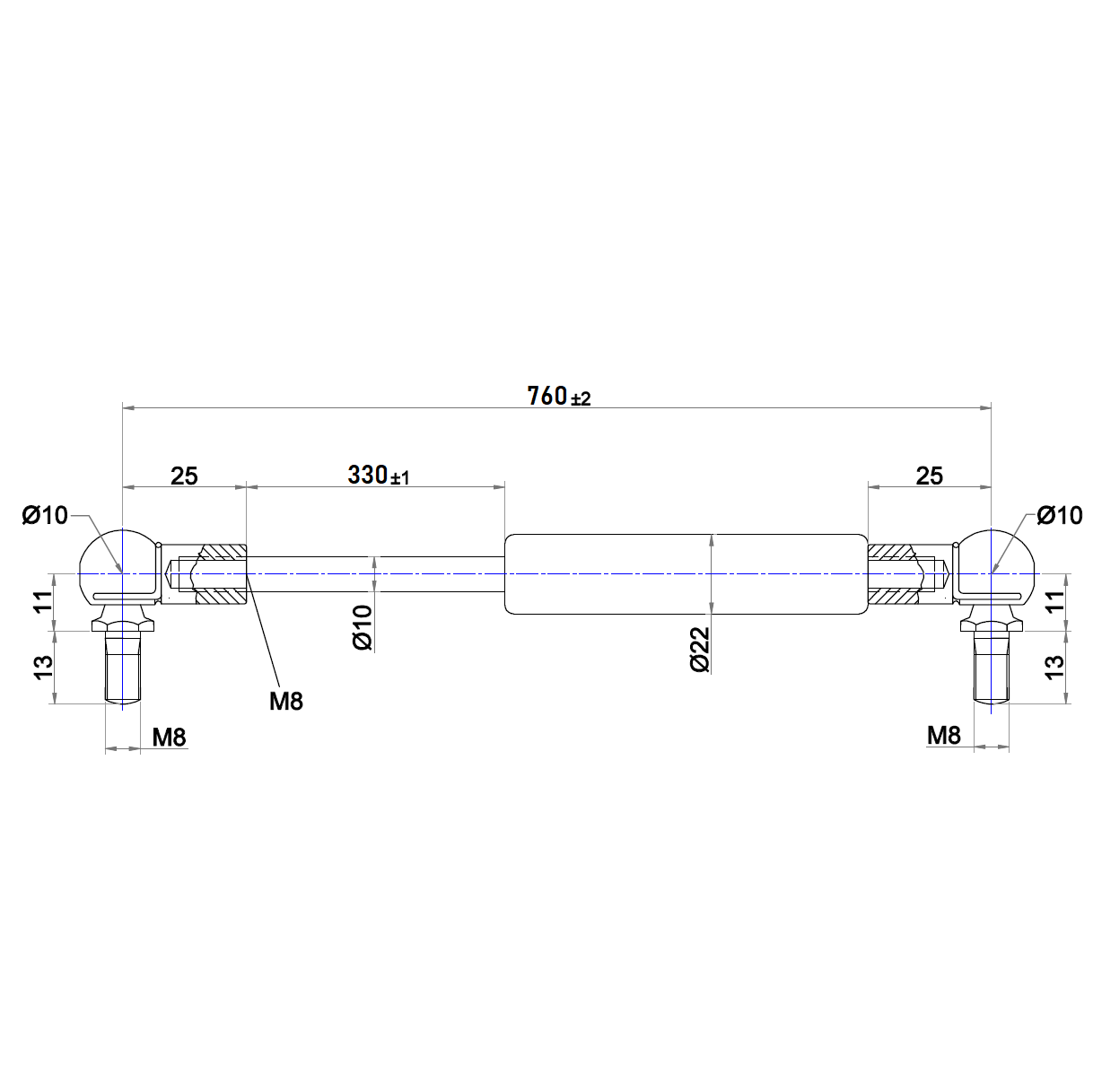 From 750mm ∼ Up to 849mm Length Gas Spring M8 Gas Strut Gas Pressure Damper with Ball Joint