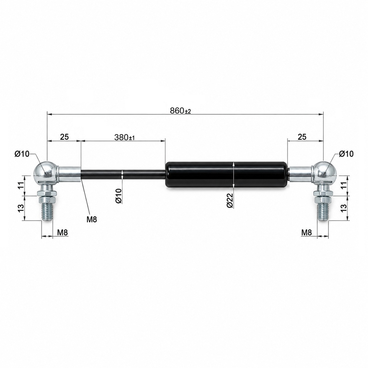 From 850mm ∼ Up to 960mm Length Gas Spring M8 Gas Strut Gas Pressure Damper with Ball Joint