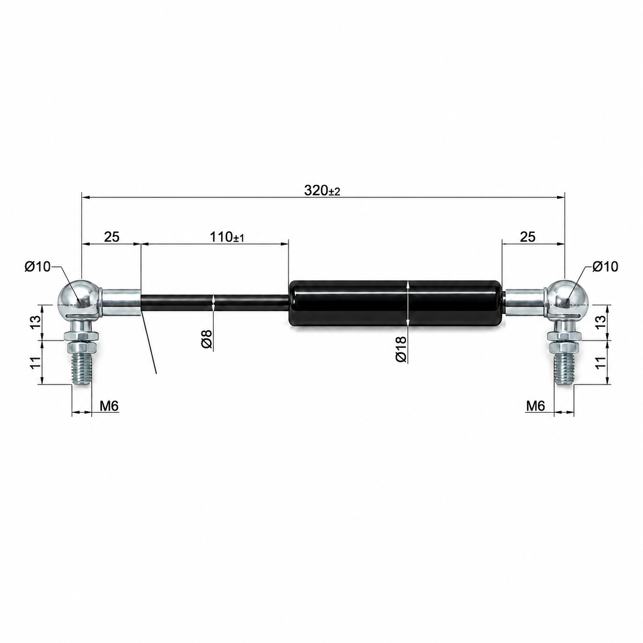 From 301mm ∼ Up to 500mm Length Gas Spring M6 Gas Strut Gas Pressure Damper with Ball Joint