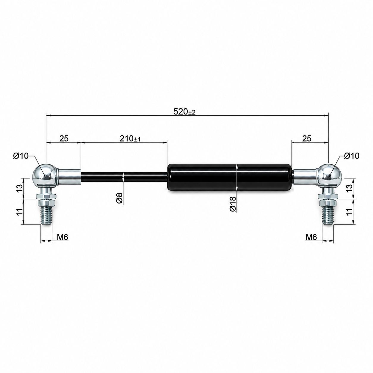 From 501mm ∼ Up to 601mm Length Gas Spring M6 Gas Strut Gas Pressure Damper with Ball Joint