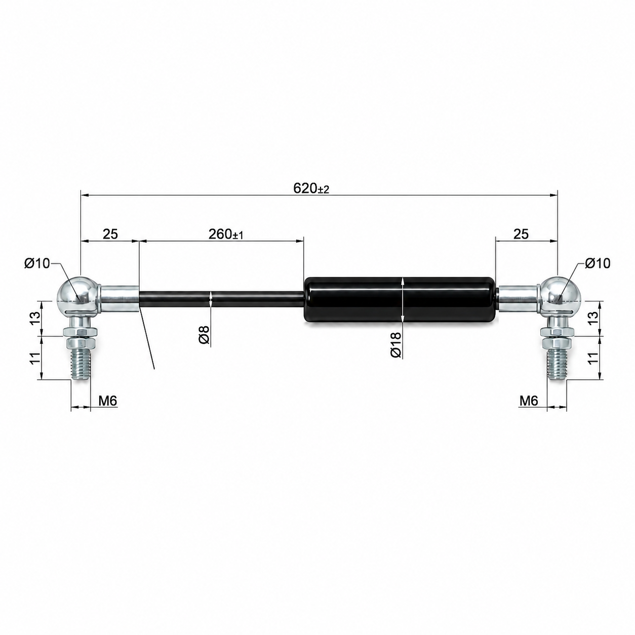 From 601mm ∼ Up to 750mm Length Gas Spring M6 Gas Strut Gas Pressure Damper with Ball Joint